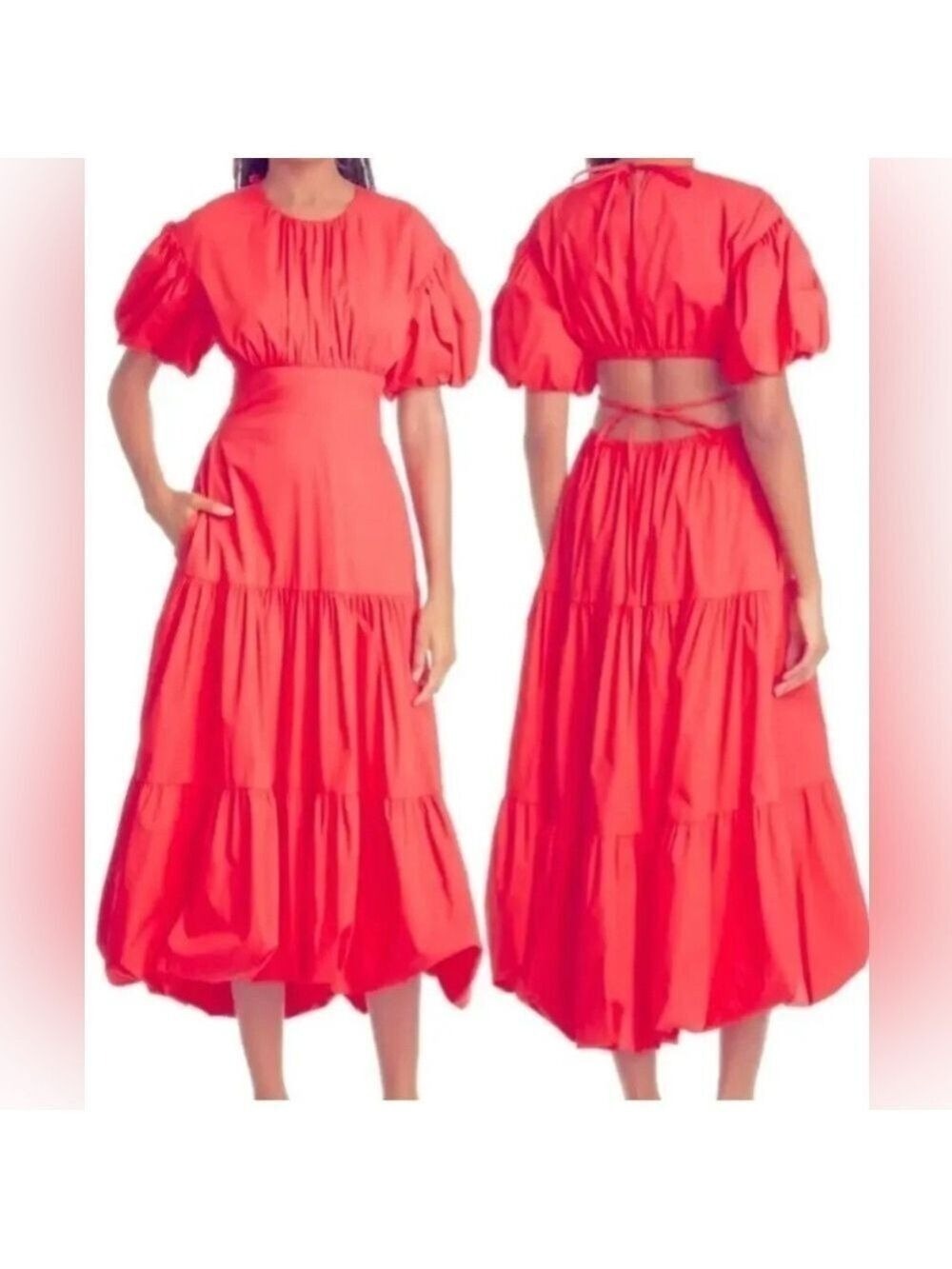 Cinq á Sept Maisey Puffed Sleeve Tiered Open-Back Midi Dress Chili Pepper Sz 6